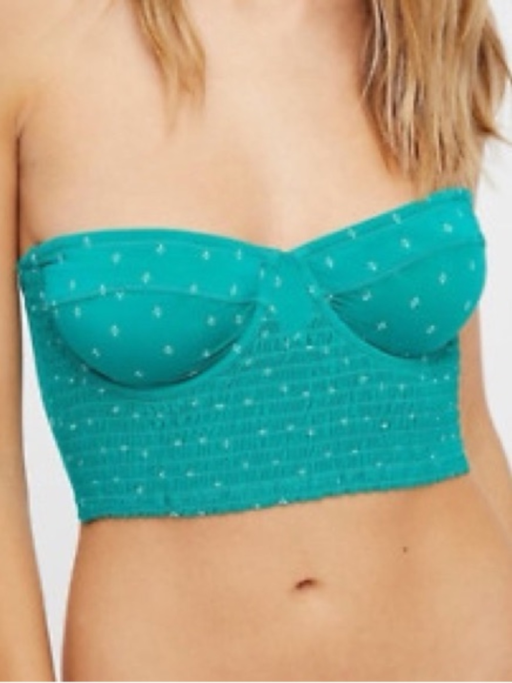 NWT Free People Teal Smocked Bikini Strapless Bralette Cami & Thong Set